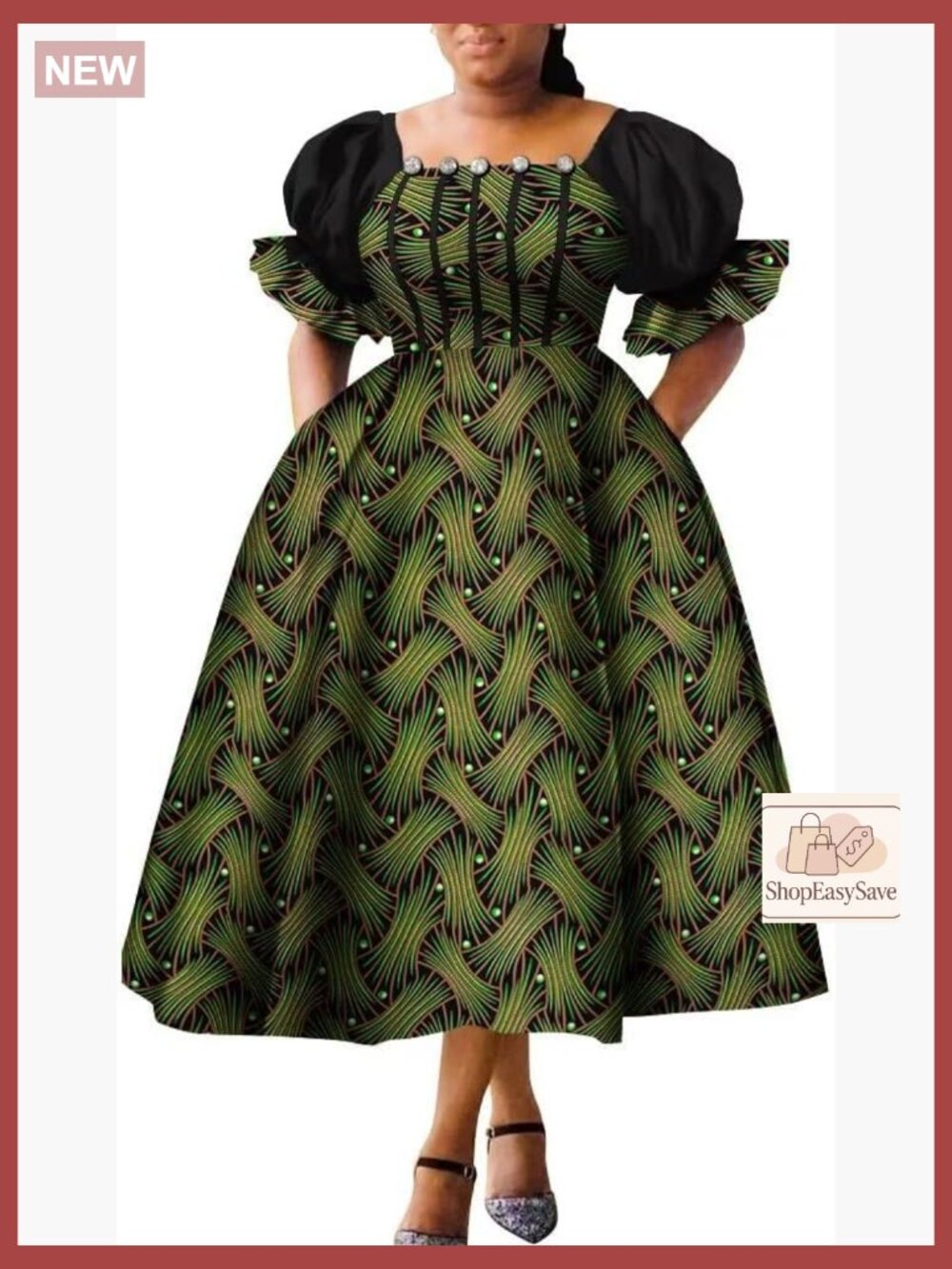 Puff Sleeve High Waist A-Line Dress Elegant Ankara Print Party Wear
